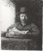 Self-Portrait Drawing at a window, Rembrandt van rijn